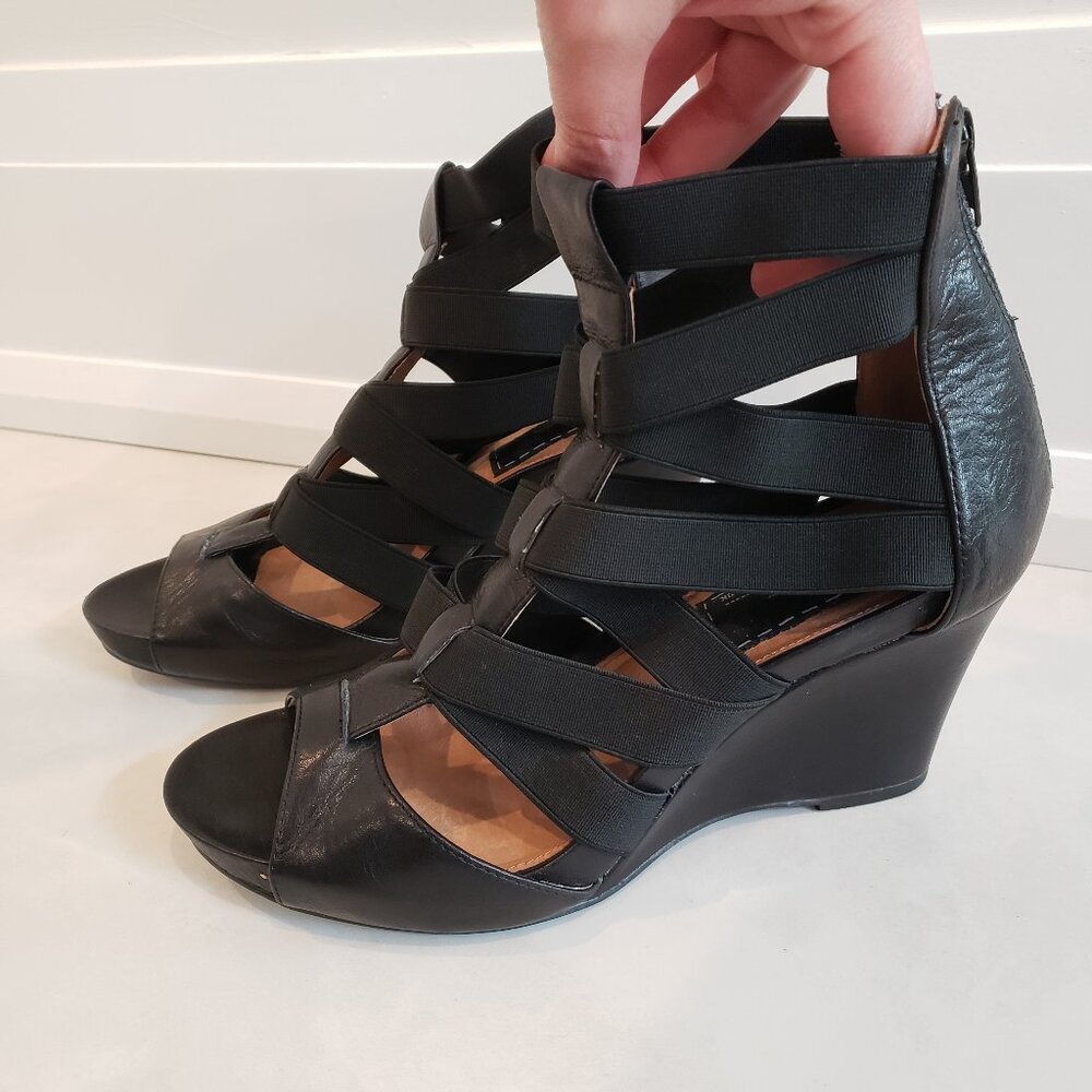 Bertie London Black Leather Strappy Caged Wedge Sandals Size 39